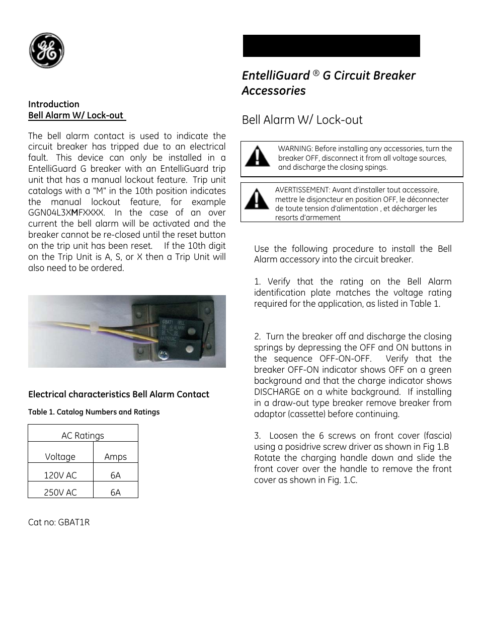 GE Industrial Solutions EntelliGuard G Bell Alarm W_ Lock-out User Manual | 4 pages