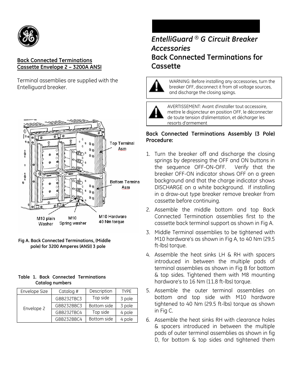 GE Industrial Solutions EntelliGuard G Back Connected Terminations for Cassette User Manual | 5 pages
