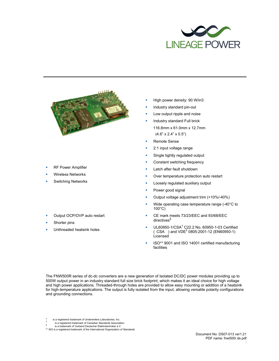 GE Industrial Solutions FNW500R Series User Manual | 13 pages