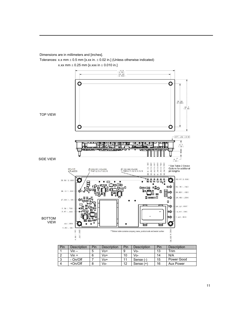 Mechanical outline for through-hole module | GE Industrial Solutions FNW500R Series User Manual | Page 11 / 13