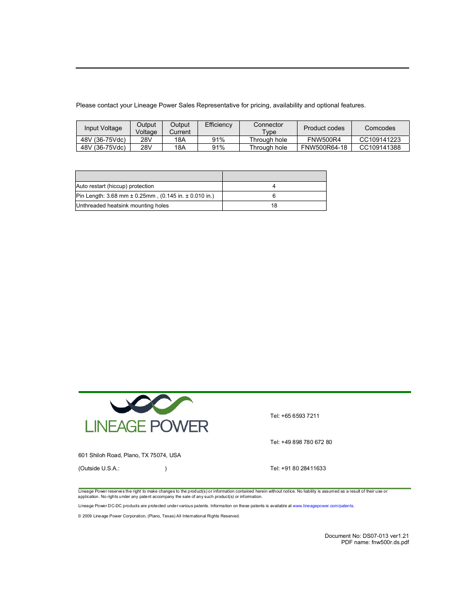 Ordering information | GE Industrial Solutions FNW500R Series User Manual | Page 13 / 13