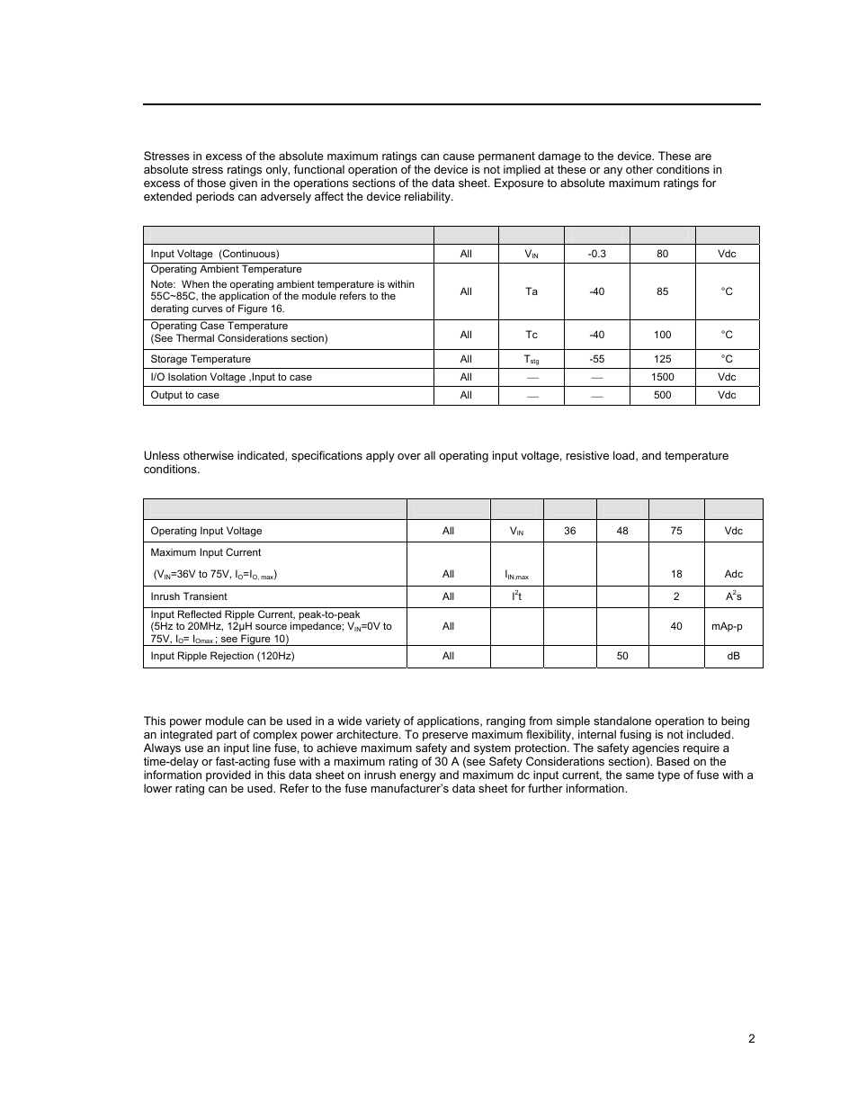 Absolute maximum ratings, Electrical specifications | GE Industrial Solutions FNW500R Series User Manual | Page 2 / 13