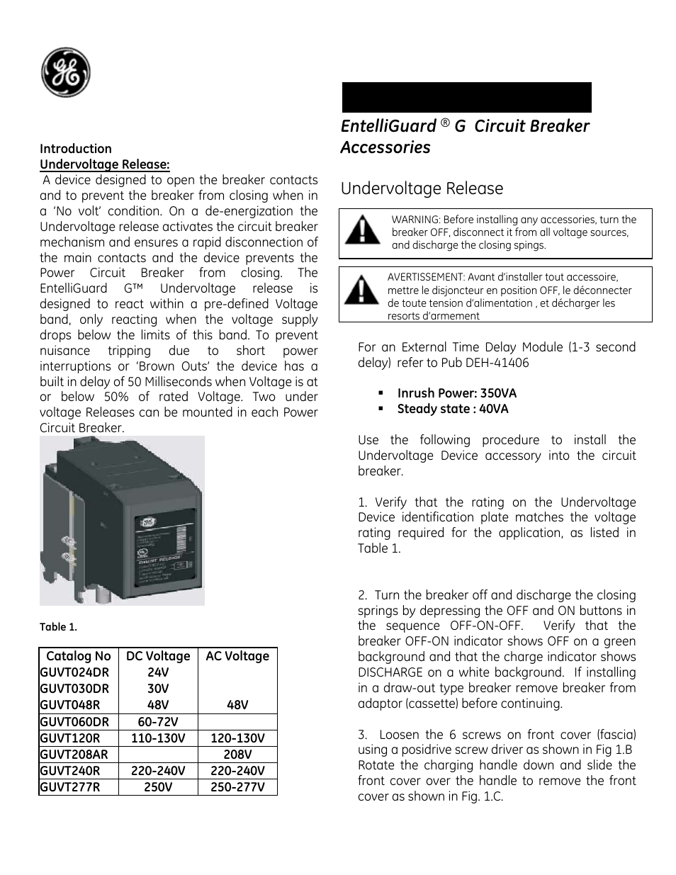 GE Industrial Solutions EntelliGuard G Undervoltage Release User Manual | 4 pages