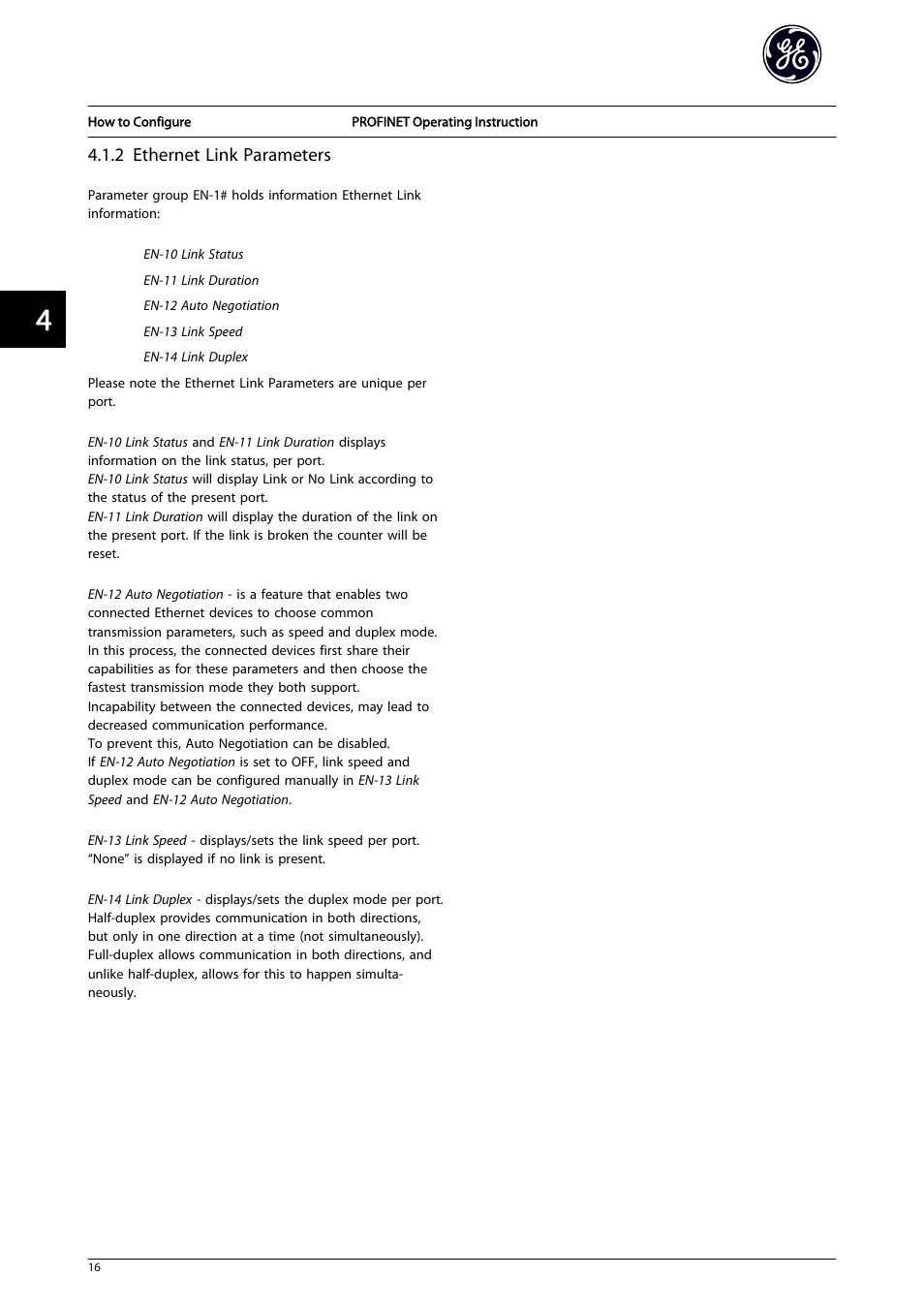 2 ethernet link parameters | GE Industrial Solutions AF-650 GP PROFINET User Manual | Page 17 / 69