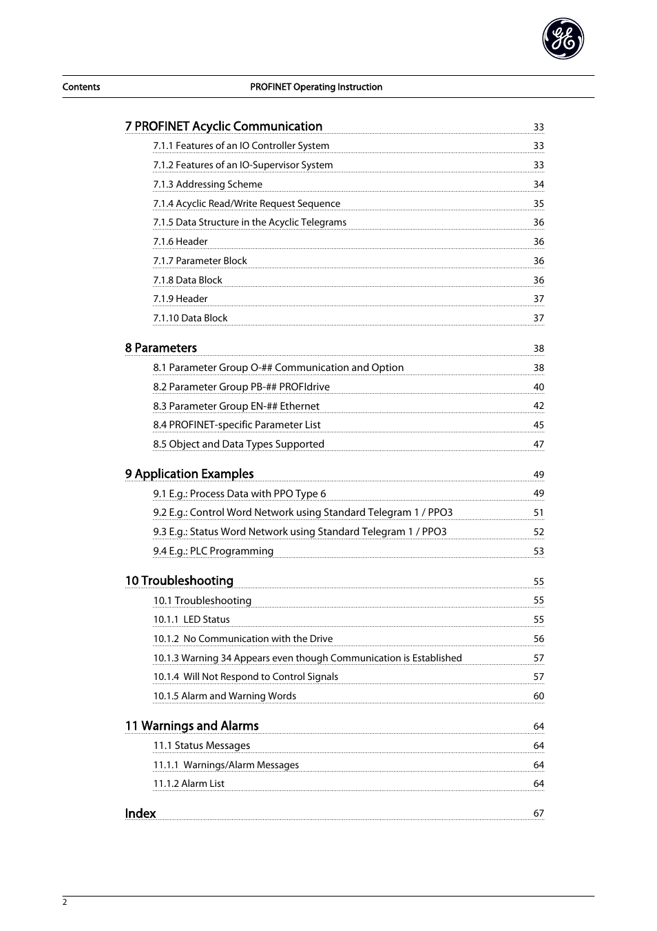 7 profinet acyclic communication, 8 parameters, 9 application examples | 10 troubleshooting, 11 warnings and alarms, Index | GE Industrial Solutions AF-650 GP PROFINET User Manual | Page 3 / 69