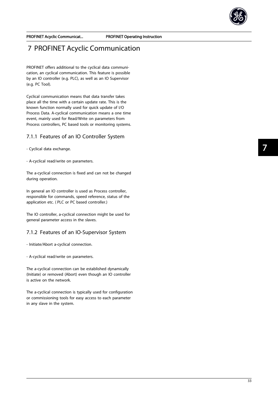 7 profinet acyclic communication, 1 features of an io controller system, 2 features of an io-supervisor system | GE Industrial Solutions AF-650 GP PROFINET User Manual | Page 34 / 69