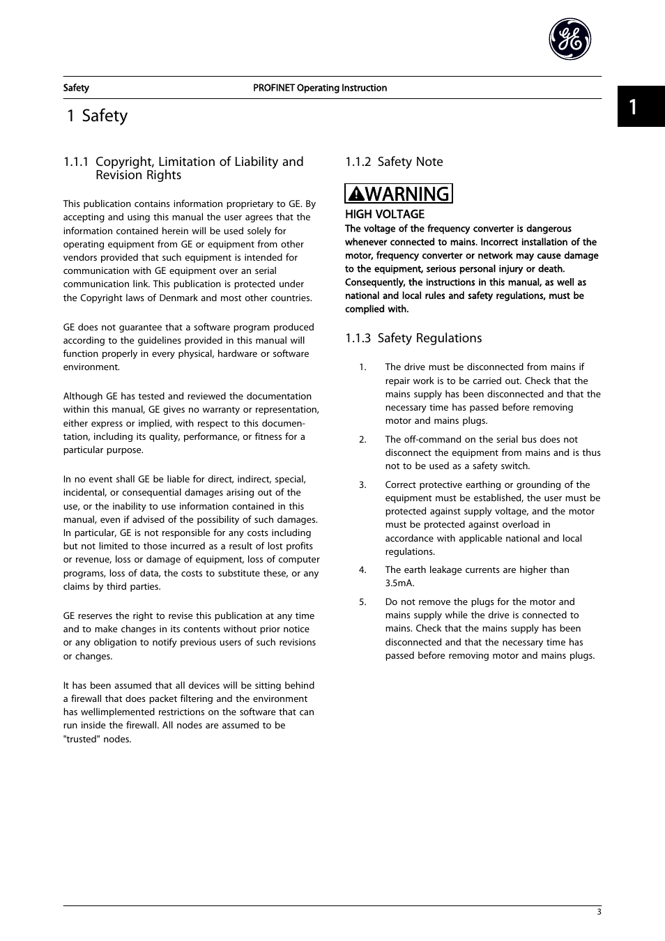 1 safety, 2 safety note, 3 safety regulations | Warning | GE Industrial Solutions AF-650 GP PROFINET User Manual | Page 4 / 69