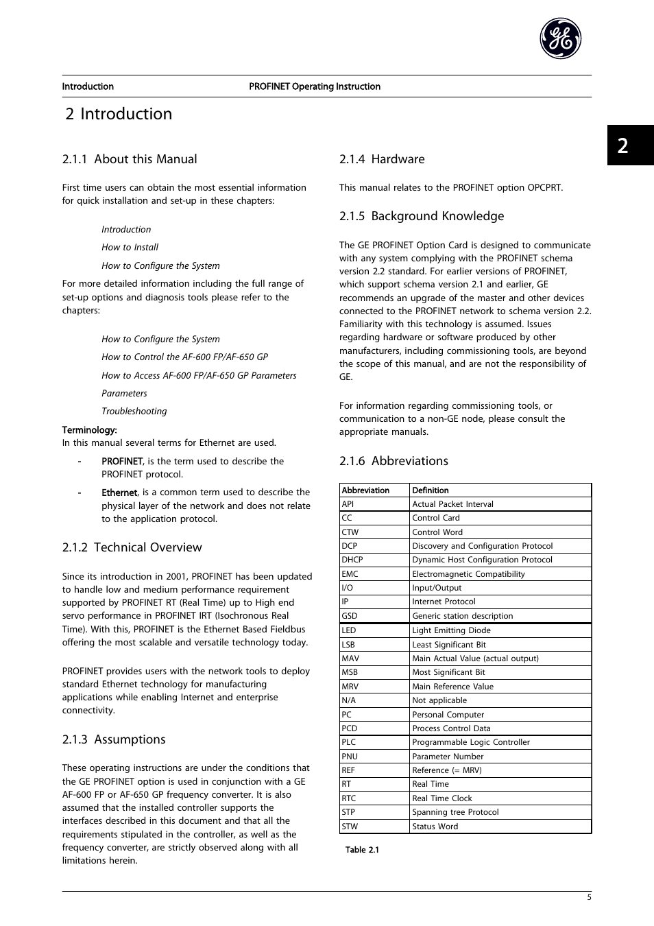 2 introduction, 1 about this manual, 2 technical overview | 3 assumptions, 4 hardware, 5 background knowledge, 6 abbreviations | GE Industrial Solutions AF-650 GP PROFINET User Manual | Page 6 / 69