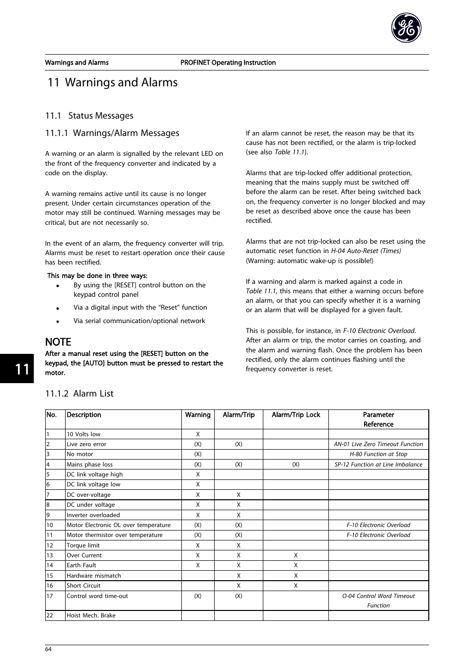 11 warnings and alarms, 1 status messages, 1 warnings/alarm messages | 2 alarm list | GE Industrial Solutions AF-650 GP PROFINET User Manual | Page 65 / 69