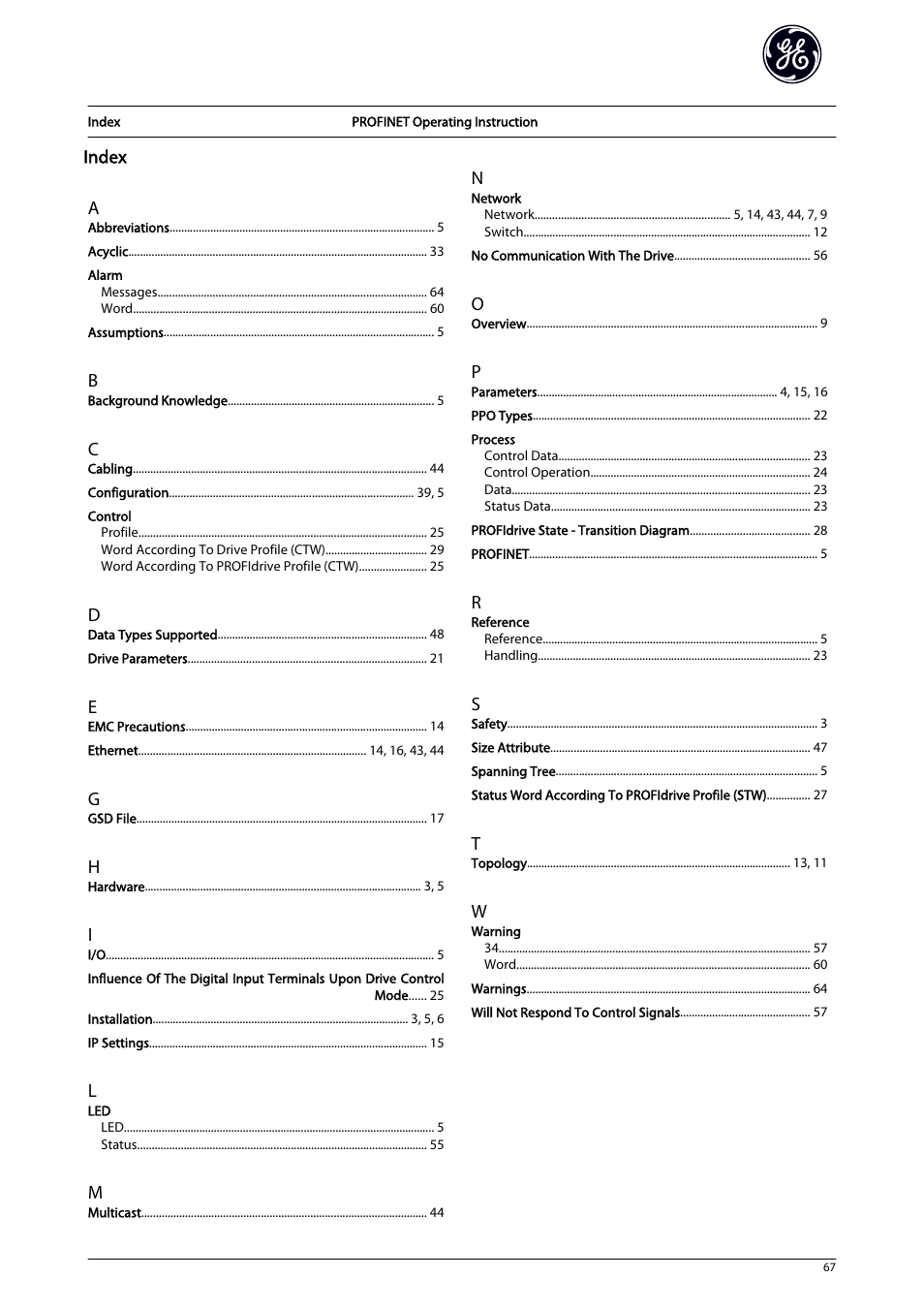Index, Index a | GE Industrial Solutions AF-650 GP PROFINET User Manual | Page 68 / 69