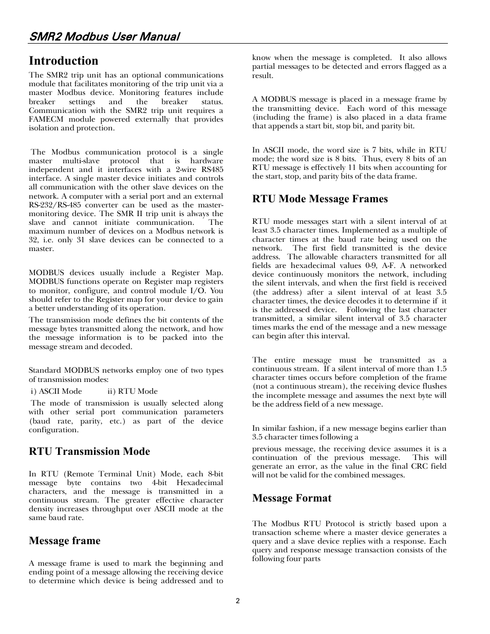Introduction, Rtu transmission mode, Message frame | Rtu mode message frames, Message format, Smr2 modbus user manual | GE Industrial Solutions Record Plus FG600 SMR2 Modbus User Manual | Page 4 / 21