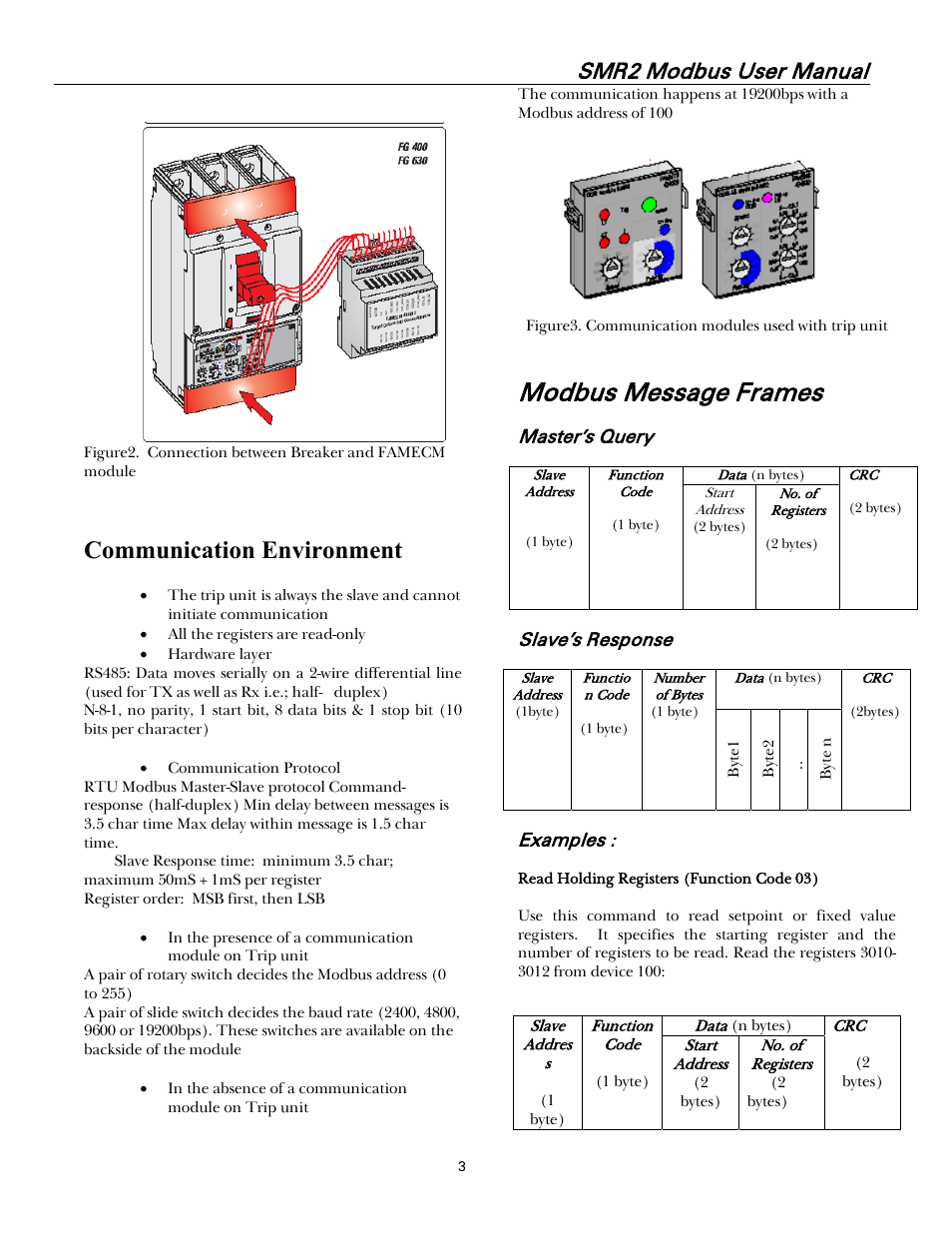 Communication environment, Modbus message frames, Smr2 modbus user manual | Master’s query, Slave’s response, Examples | GE Industrial Solutions Record Plus FG600 SMR2 Modbus User Manual | Page 6 / 21