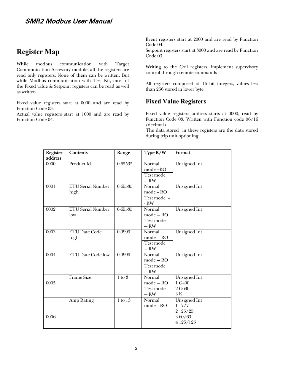 Register map, Fixed value registers, Smr2 modbus user manual | GE Industrial Solutions Record Plus FG600 SMR2 Modbus User Manual | Page 9 / 21