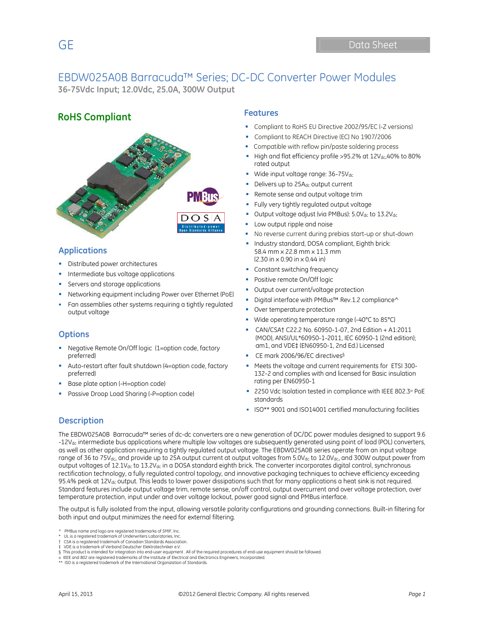 GE Industrial Solutions EBDW025A0B Barracuda Series User Manual | 32 pages