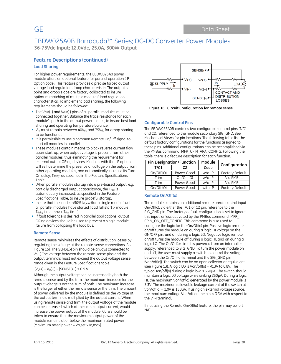 Data sheet, Feature descriptions (continued) | GE Industrial Solutions EBDW025A0B Barracuda Series User Manual | Page 10 / 32