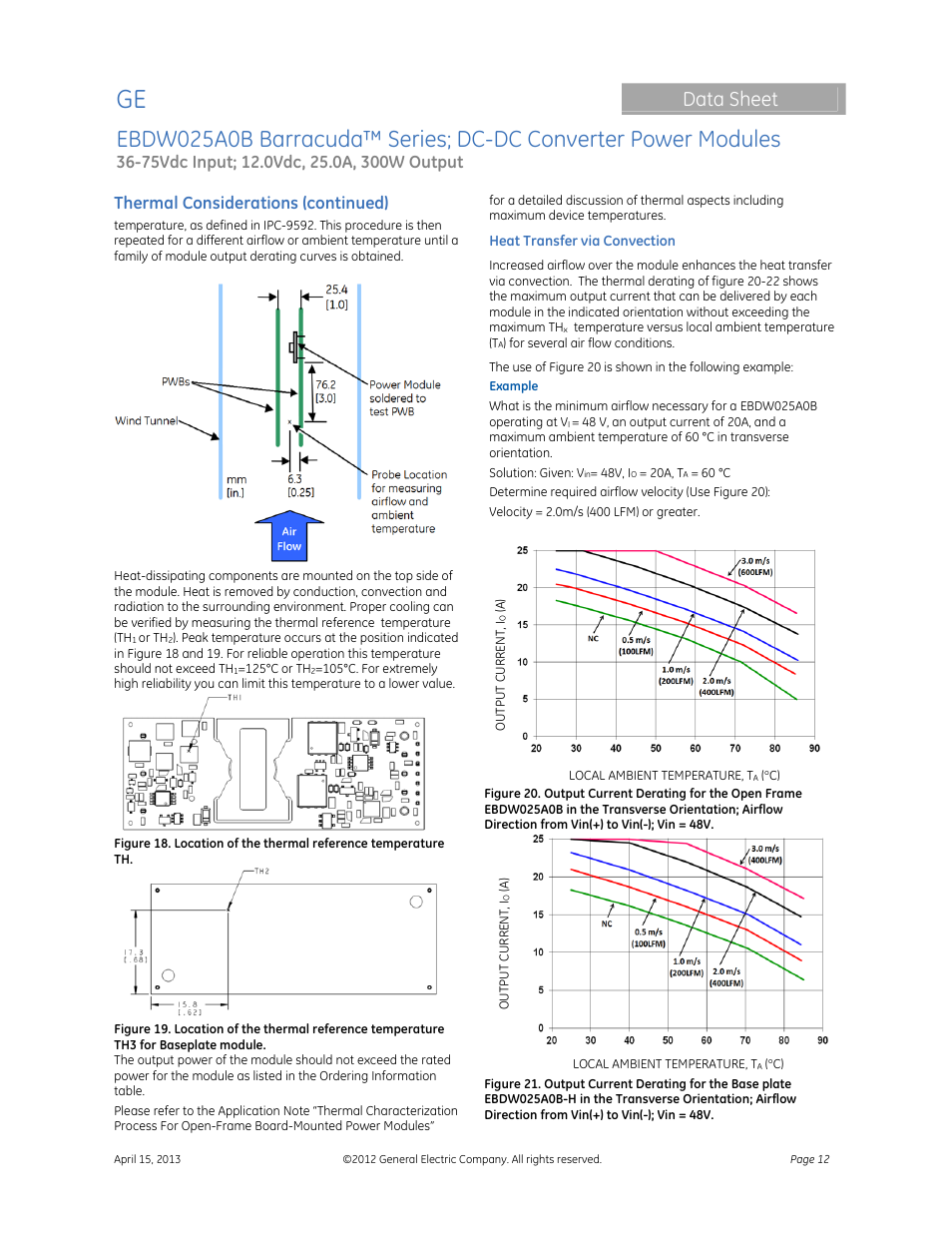 Data sheet, Thermal considerations (continued) | GE Industrial Solutions EBDW025A0B Barracuda Series User Manual | Page 12 / 32
