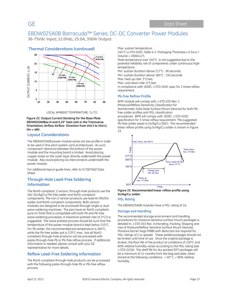 Data sheet, Thermal considerations (continued), Layout considerations | Through-hole lead-free soldering information, Reflow lead-free soldering information | GE Industrial Solutions EBDW025A0B Barracuda Series User Manual | Page 13 / 32