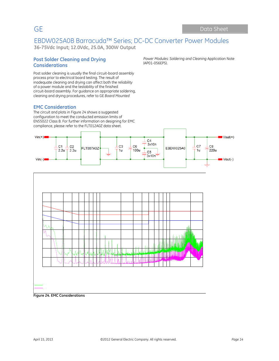Data sheet, Post solder cleaning and drying considerations, Emc consideration | GE Industrial Solutions EBDW025A0B Barracuda Series User Manual | Page 14 / 32