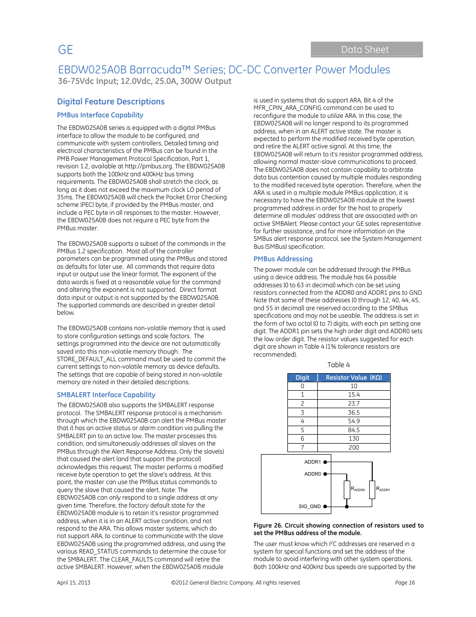 Data sheet, Digital feature descriptions | GE Industrial Solutions EBDW025A0B Barracuda Series User Manual | Page 16 / 32
