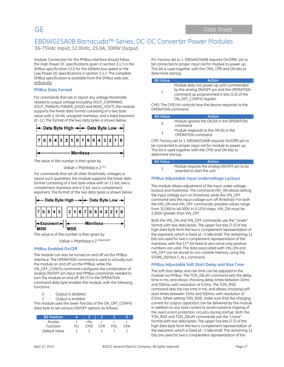 Data sheet | GE Industrial Solutions EBDW025A0B Barracuda Series User Manual | Page 17 / 32