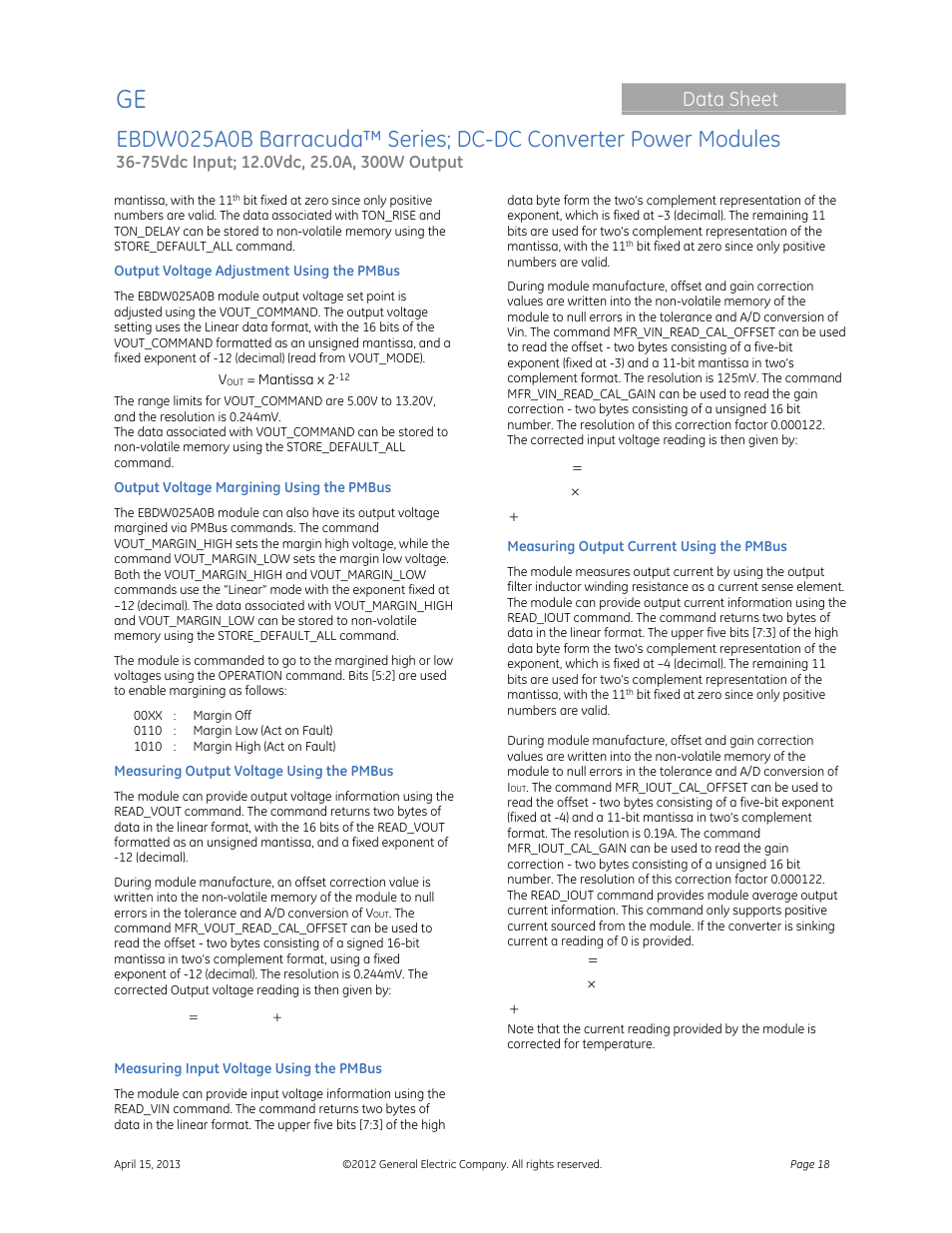 Data sheet | GE Industrial Solutions EBDW025A0B Barracuda Series User Manual | Page 18 / 32