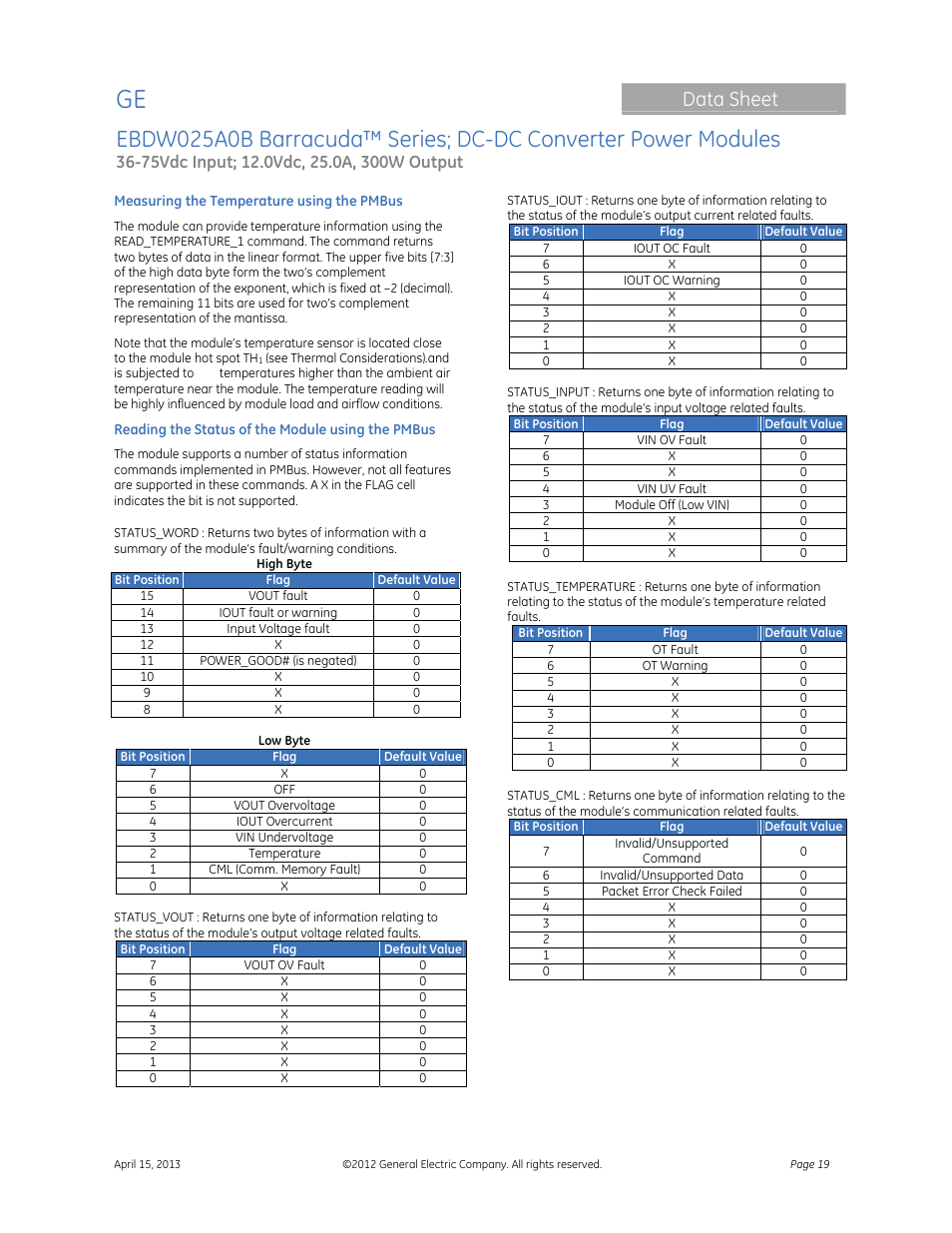 Data sheet | GE Industrial Solutions EBDW025A0B Barracuda Series User Manual | Page 19 / 32