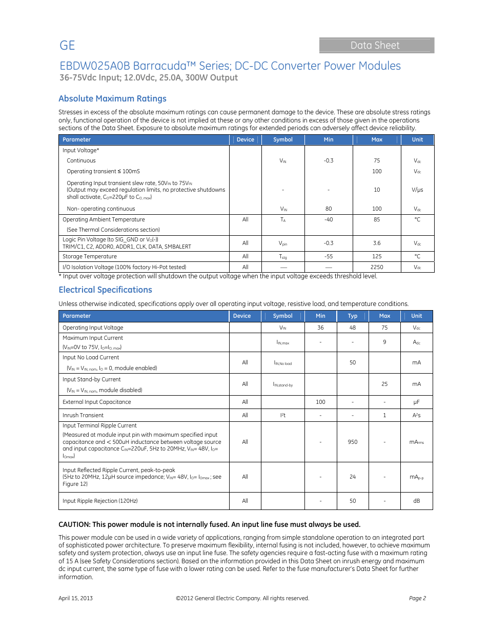 Data sheet, Absolute maximum ratings, Electrical specifications | GE Industrial Solutions EBDW025A0B Barracuda Series User Manual | Page 2 / 32