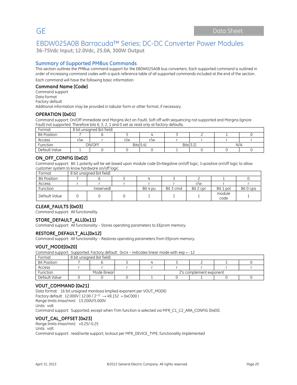 Data sheet | GE Industrial Solutions EBDW025A0B Barracuda Series User Manual | Page 20 / 32