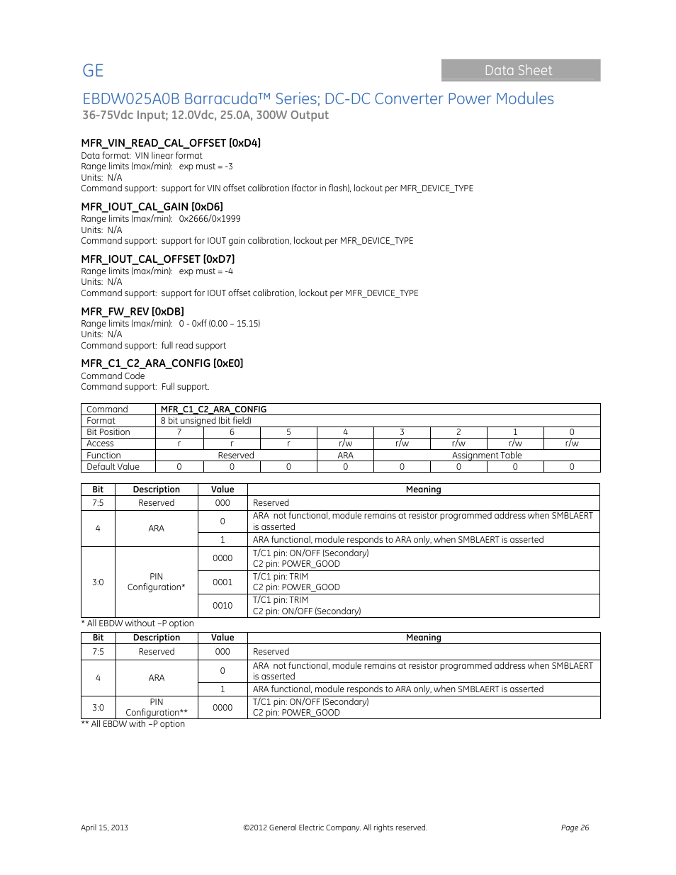 Data sheet | GE Industrial Solutions EBDW025A0B Barracuda Series User Manual | Page 26 / 32