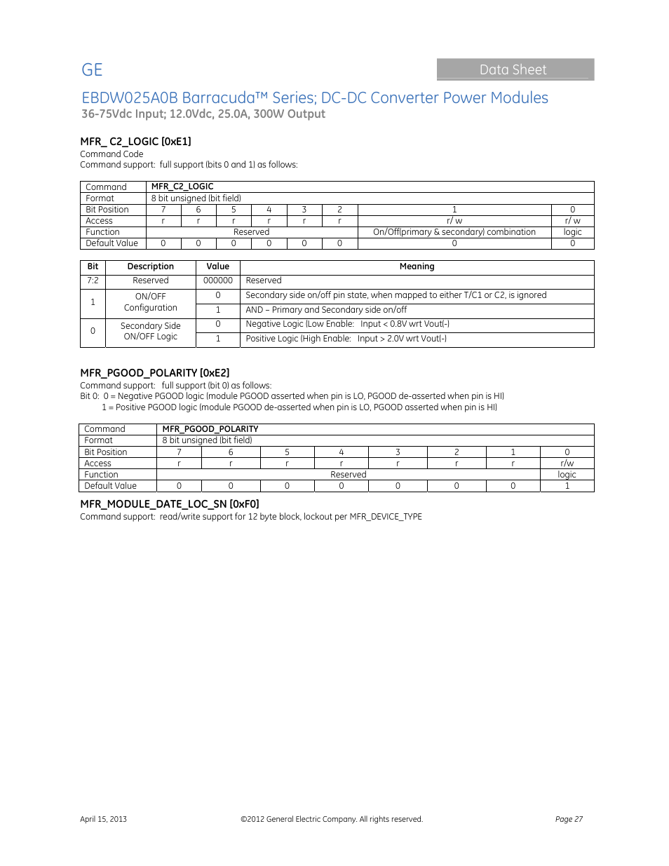 Data sheet | GE Industrial Solutions EBDW025A0B Barracuda Series User Manual | Page 27 / 32