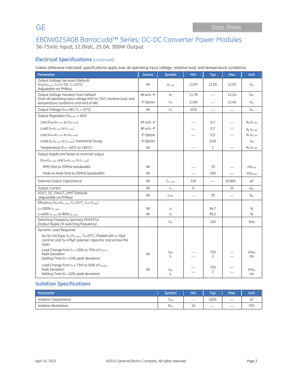 Data sheet, Electrical specifications, Isolation specifications | Continued) | GE Industrial Solutions EBDW025A0B Barracuda Series User Manual | Page 3 / 32