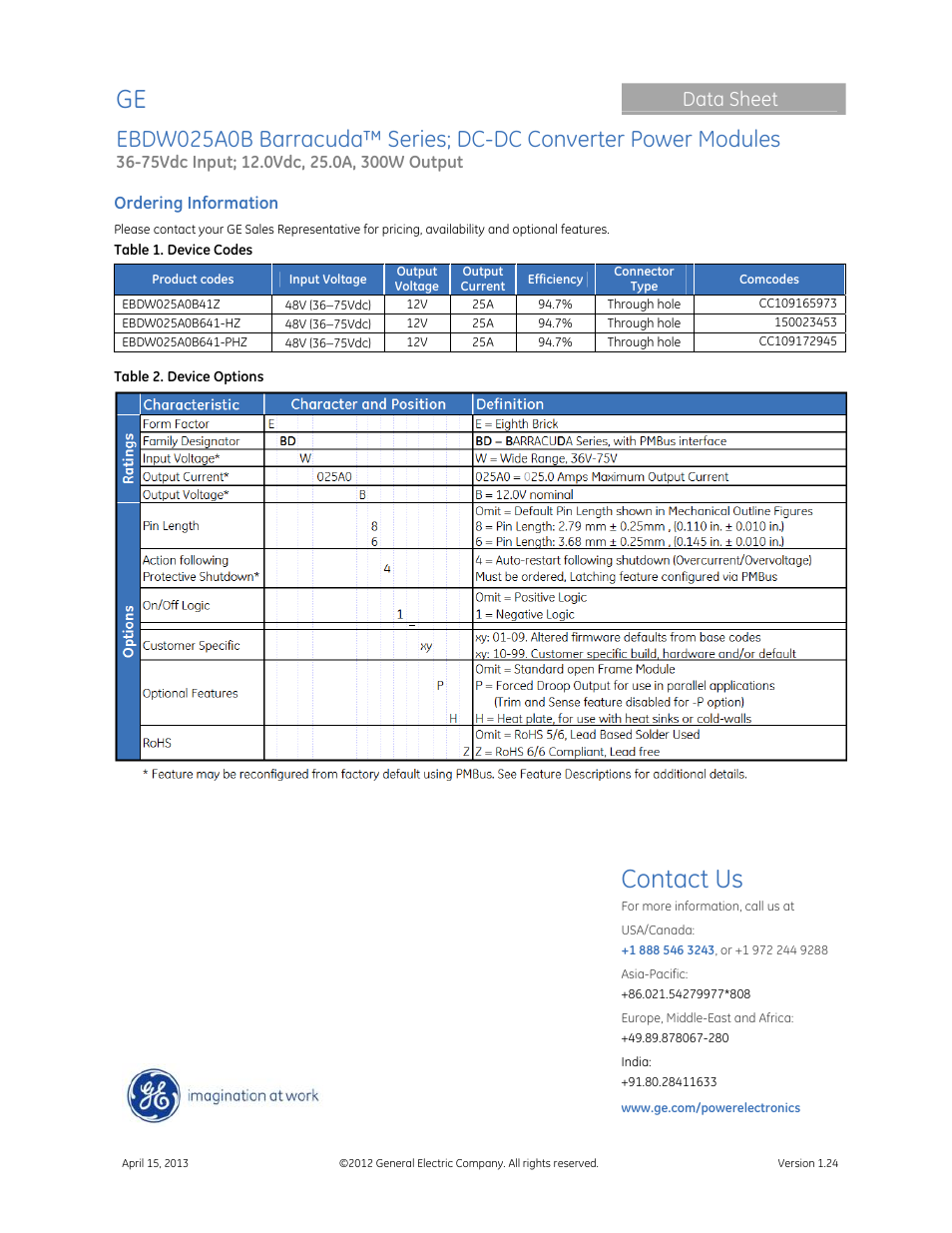 Contact us, Data sheet | GE Industrial Solutions EBDW025A0B Barracuda Series User Manual | Page 32 / 32