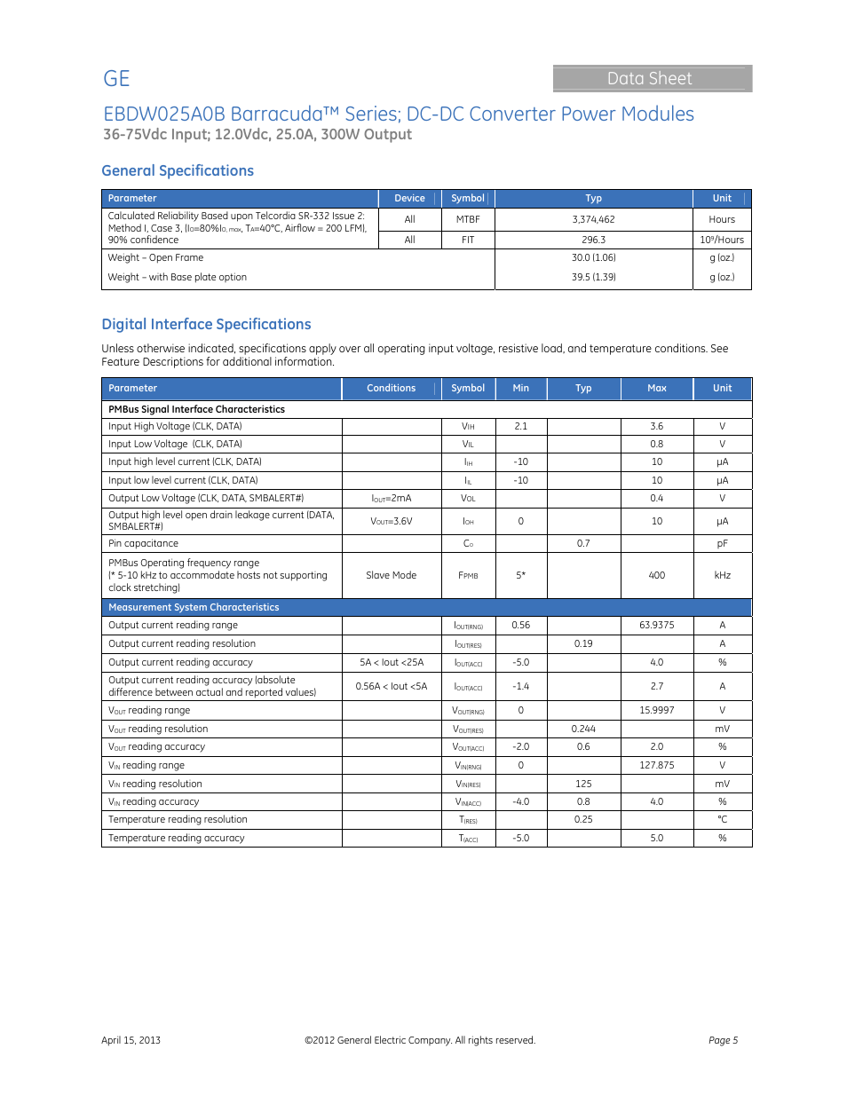 Data sheet | GE Industrial Solutions EBDW025A0B Barracuda Series User Manual | Page 5 / 32