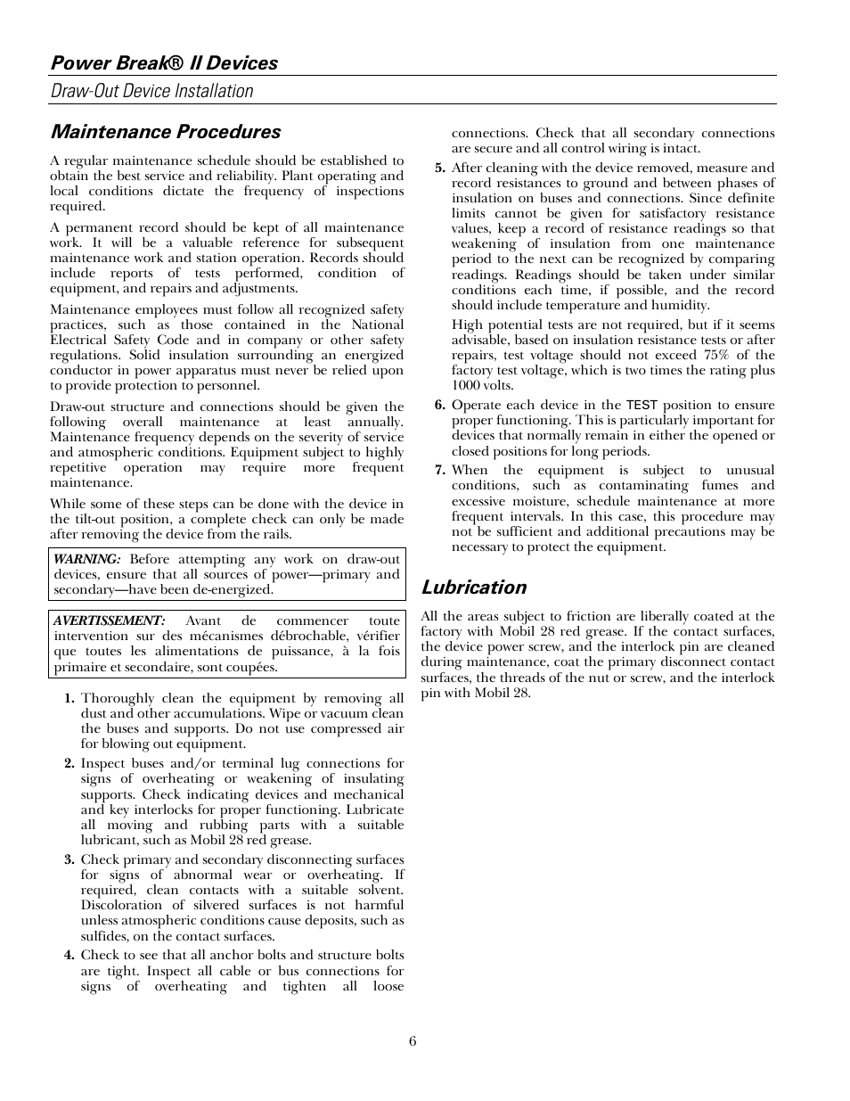 Maintenance procedures, Lubrication | GE Industrial Solutions Power Break II Draw-out 800-4000 Amp Frames User Manual | Page 10 / 12