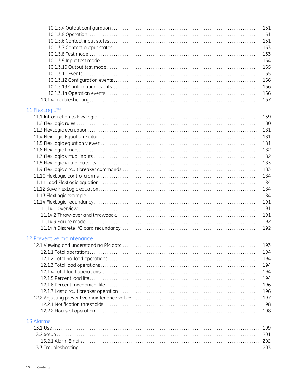 1 introduction to flexlogic 169, 2 flexlogic rules 180, 3 flexlogic evaluation 181 | 4 flexlogic equation editor 181, 5 flexlogic equation viewer 181, 6 flexlogic timers 182, 7 flexlogic virtual inputs 182, 8 flexlogic virtual outputs 183, 9 flexlogic circuit breaker commands 183, 10 flexlogic control alarms 184 | GE Industrial Solutions Entellisys 4.0 System User Manual User Manual | Page 10 / 274