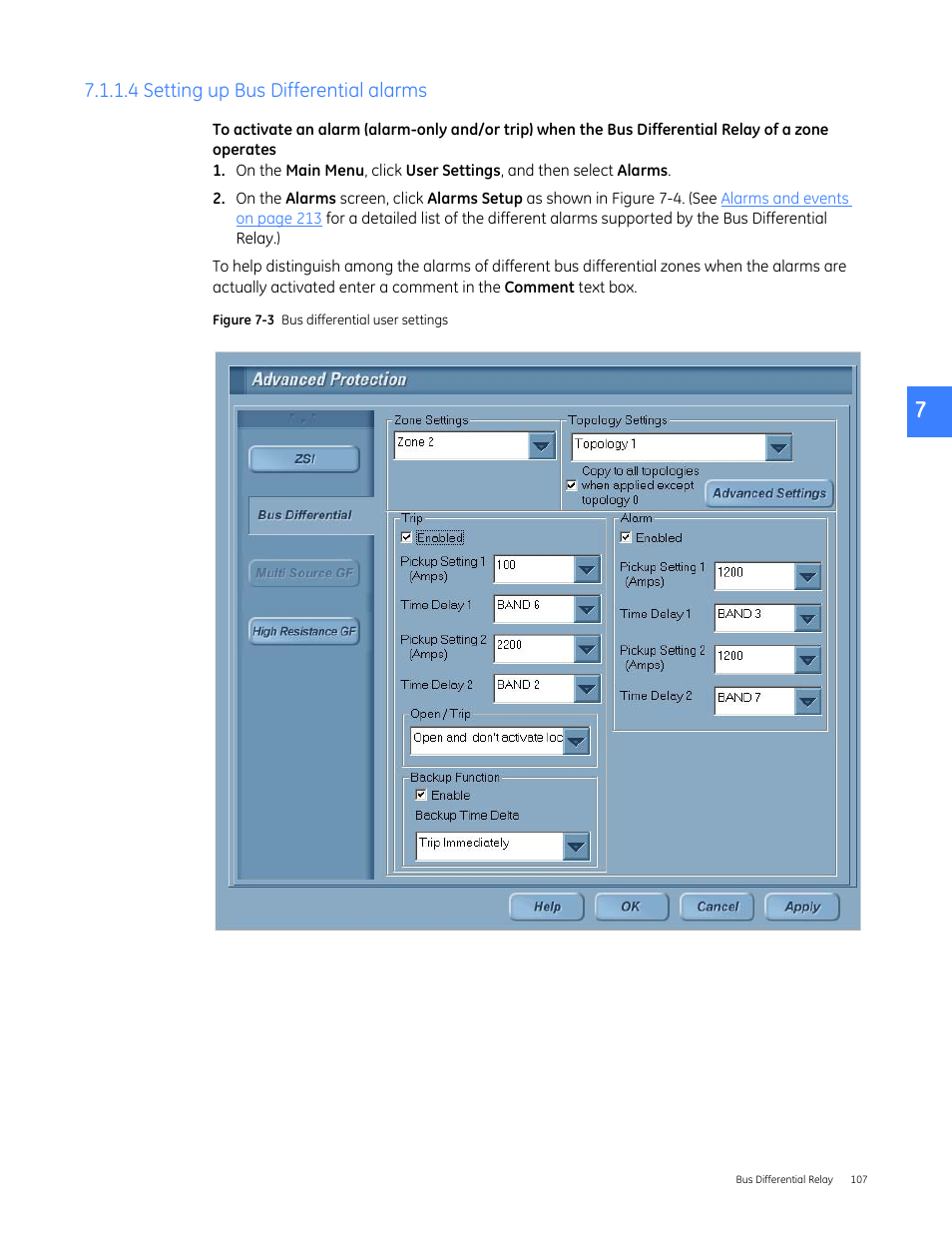 4 setting up bus differential alarms, Shown in figure 7-3 | GE Industrial Solutions Entellisys 4.0 System User Manual User Manual | Page 107 / 274