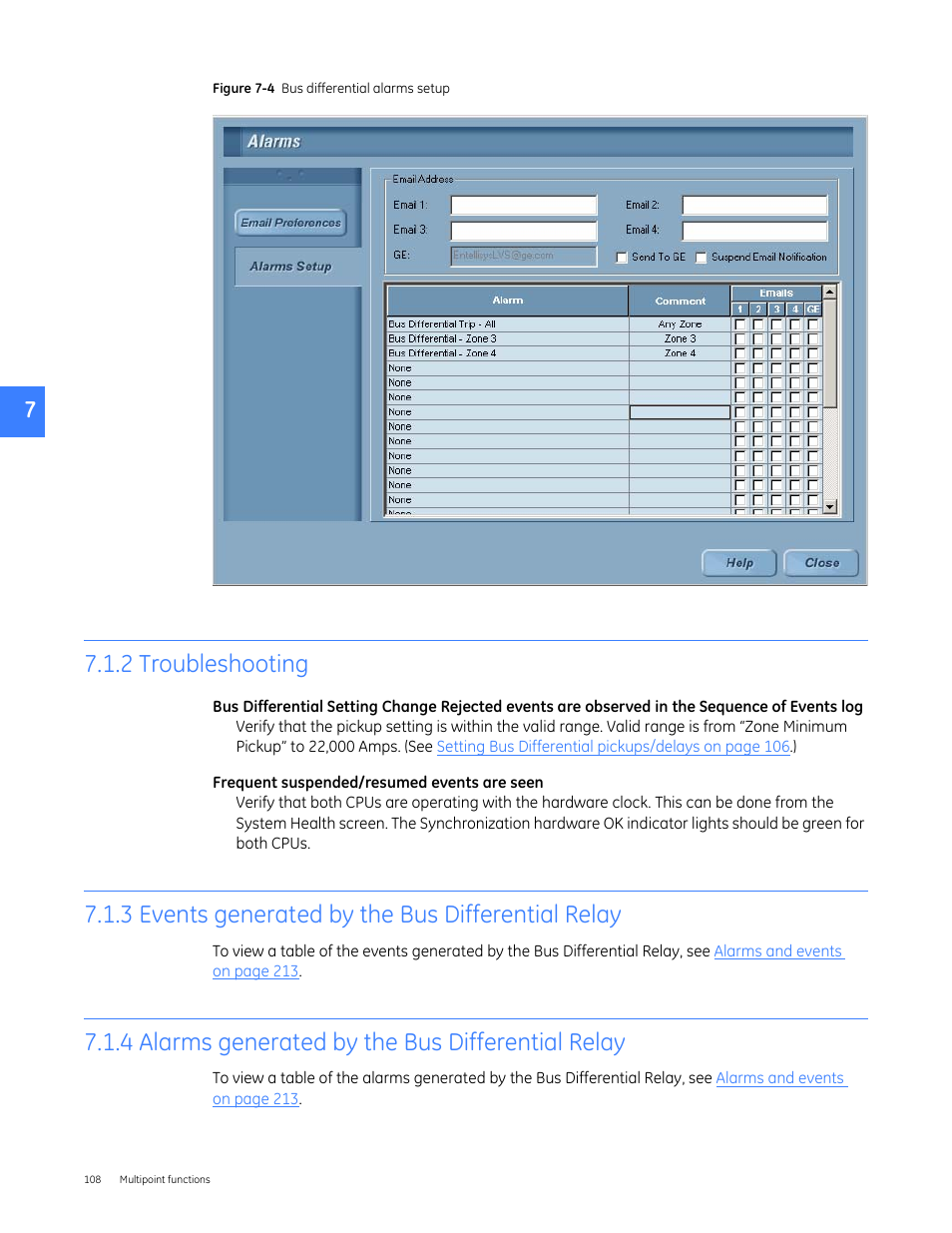 2 troubleshooting, 3 events generated by the bus differential relay, 4 alarms generated by the bus differential relay | GE Industrial Solutions Entellisys 4.0 System User Manual User Manual | Page 108 / 274