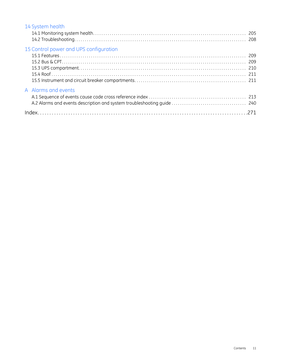 1 monitoring system health 205, 2 troubleshooting 208, 1 features 209 | 2 bus & cpt 209, 3 ups compartment 210, 4 roof 211, 5 instrument and circuit breaker compartments 211, Index 271 | GE Industrial Solutions Entellisys 4.0 System User Manual User Manual | Page 11 / 274
