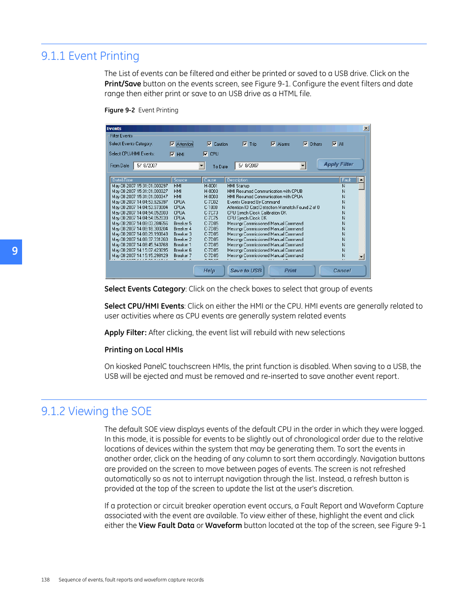 1 event printing, 2 viewing the soe, 1 event printing 9.1.2 viewing the soe | GE Industrial Solutions Entellisys 4.0 System User Manual User Manual | Page 138 / 274