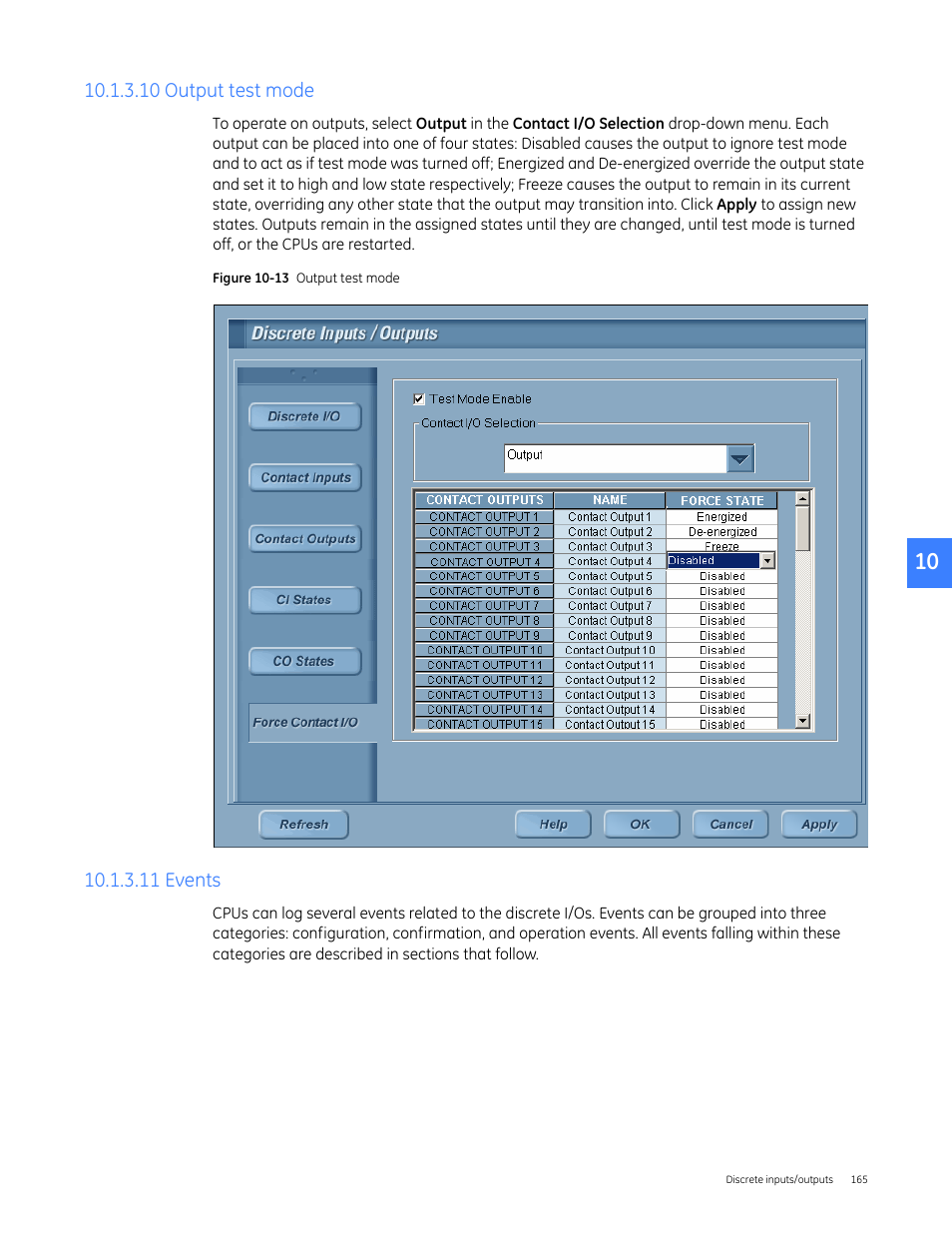 10 output test mode, 11 events | GE Industrial Solutions Entellisys 4.0 System User Manual User Manual | Page 165 / 274