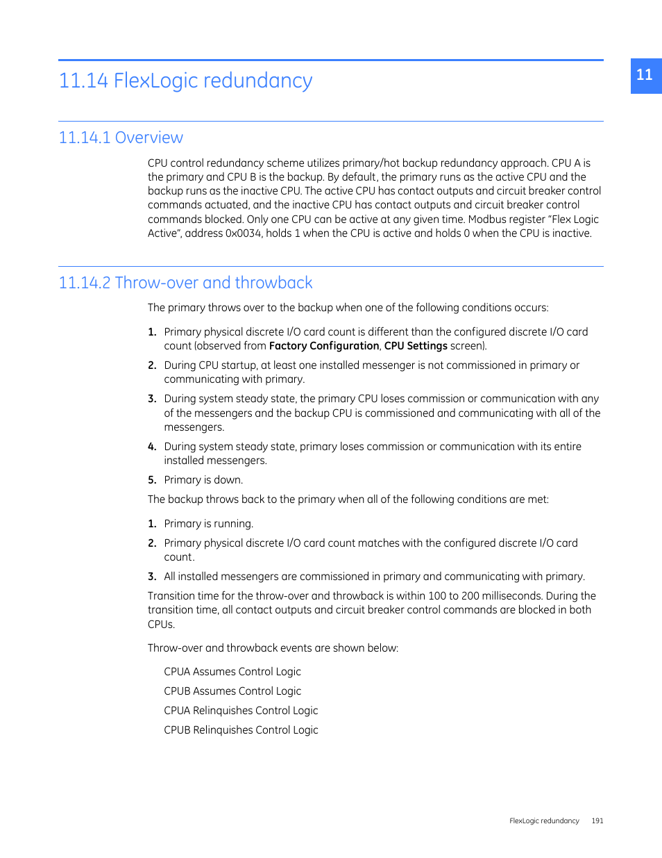 14 flexlogic redundancy, 1 overview, 2 throw-over and throwback | GE Industrial Solutions Entellisys 4.0 System User Manual User Manual | Page 191 / 274