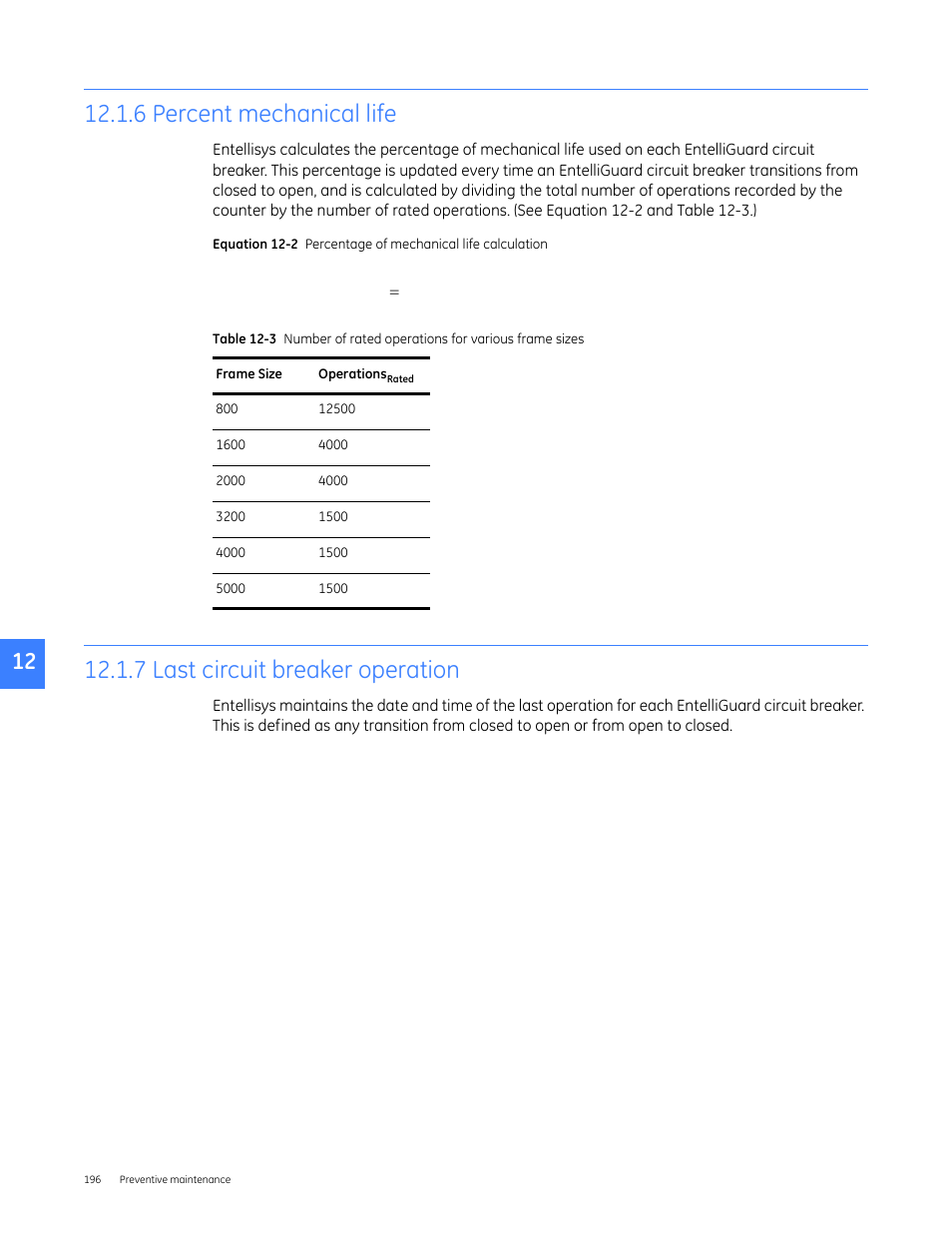 6 percent mechanical life, 7 last circuit breaker operation | GE Industrial Solutions Entellisys 4.0 System User Manual User Manual | Page 196 / 274