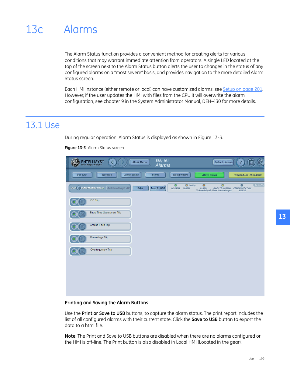 Alarms, 1 use, 13c alarms | GE Industrial Solutions Entellisys 4.0 System User Manual User Manual | Page 199 / 274