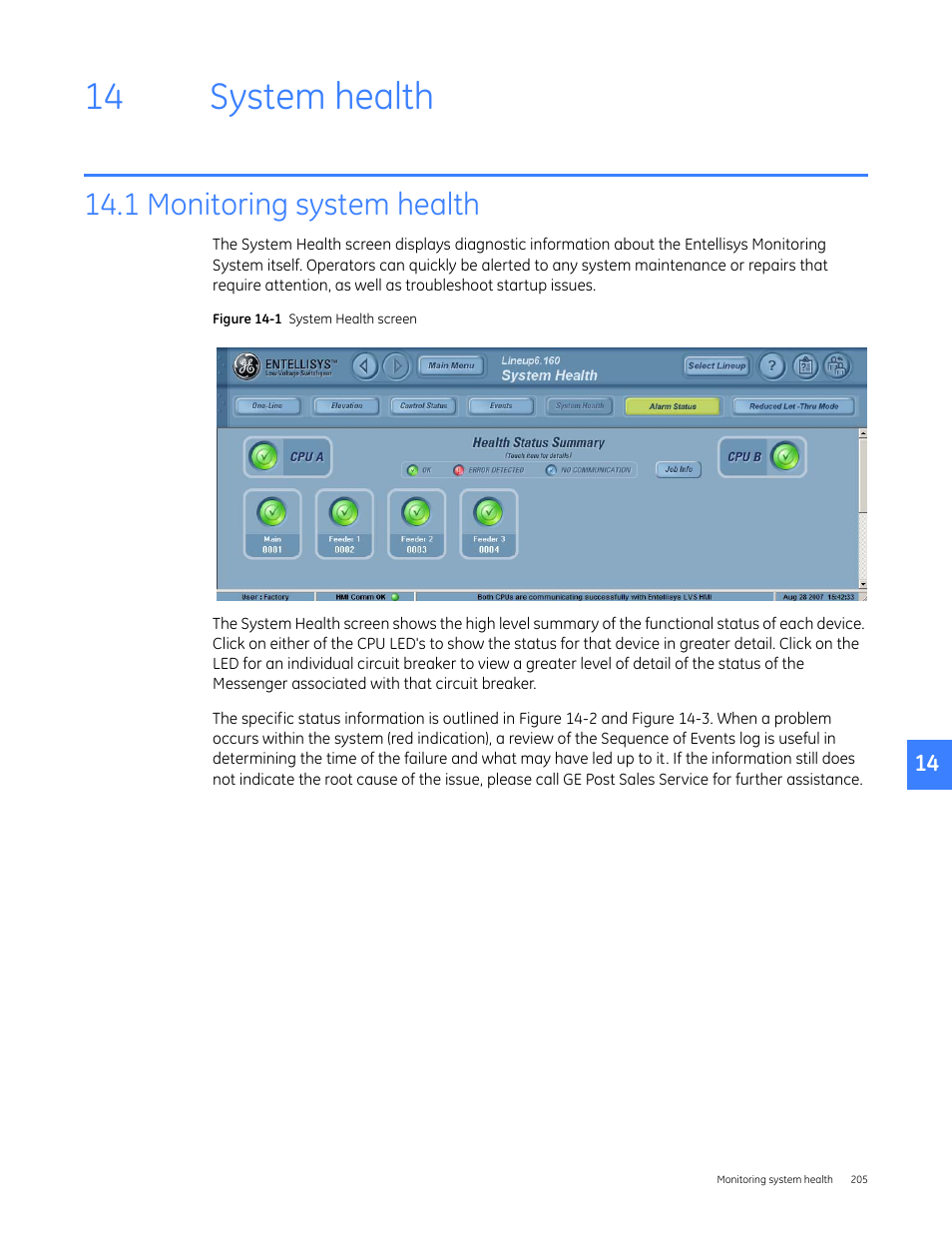 System health, 1 monitoring system health, 14 system health | Een (see | GE Industrial Solutions Entellisys 4.0 System User Manual User Manual | Page 205 / 274