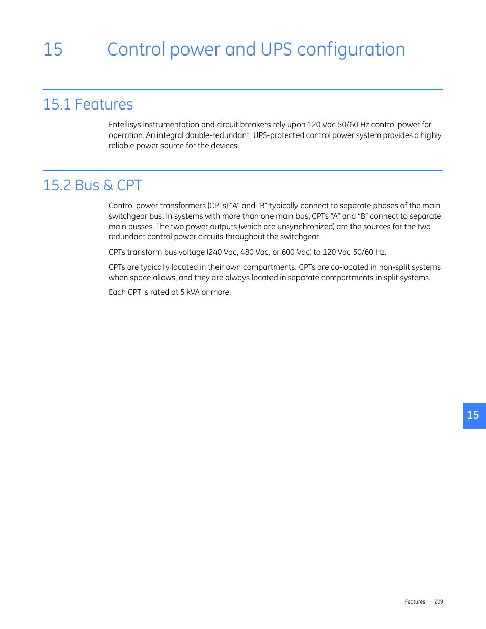 Control power and ups configuration, 1 features, 2 bus & cpt | 15 control power and ups configuration, 1 features 15.2 bus & cpt | GE Industrial Solutions Entellisys 4.0 System User Manual User Manual | Page 209 / 274