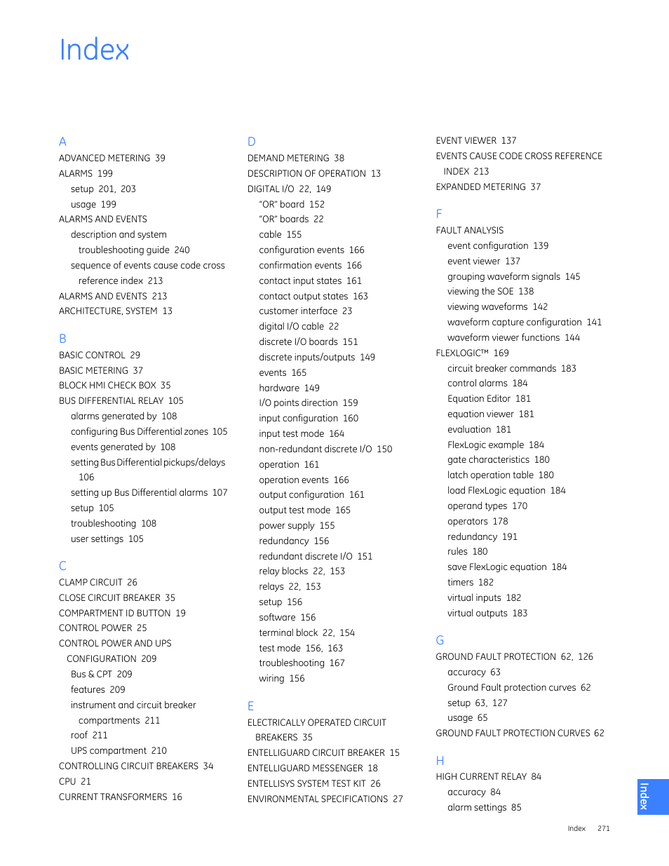 Index | GE Industrial Solutions Entellisys 4.0 System User Manual User Manual | Page 271 / 274