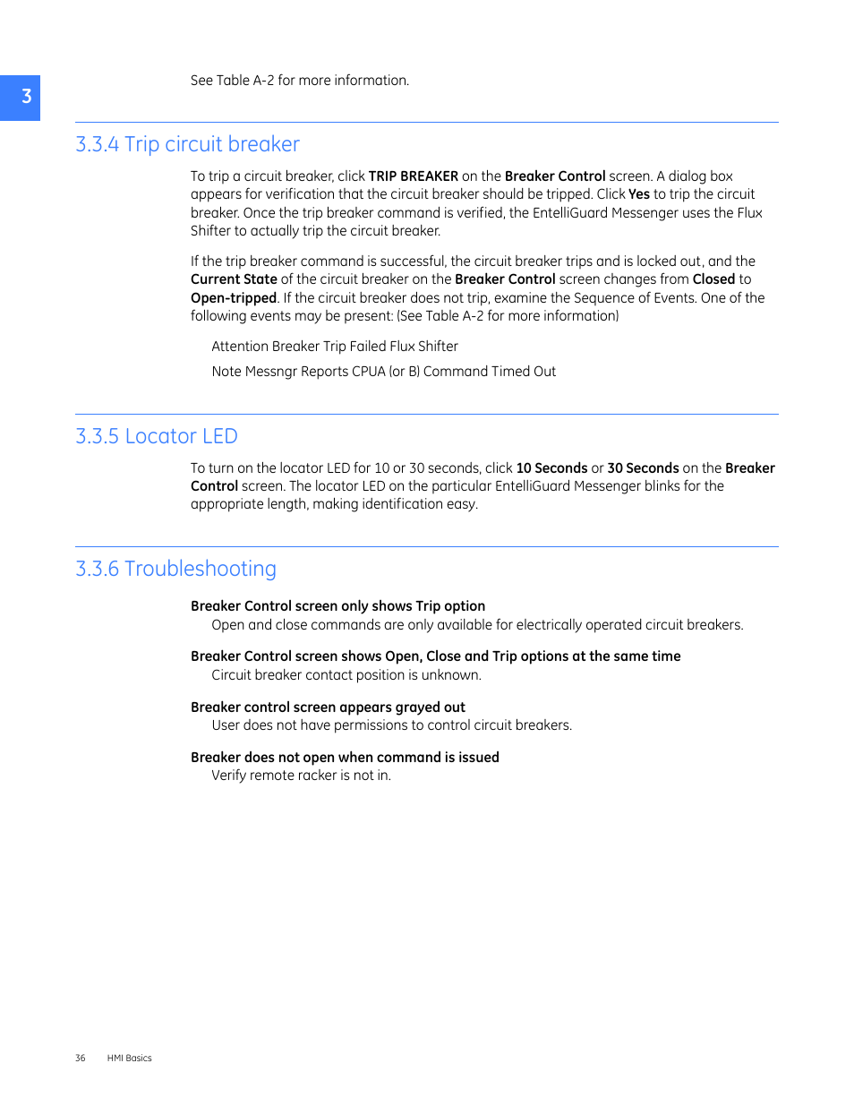 4 trip circuit breaker, 5 locator led, 6 troubleshooting | GE Industrial Solutions Entellisys 4.0 System User Manual User Manual | Page 36 / 274