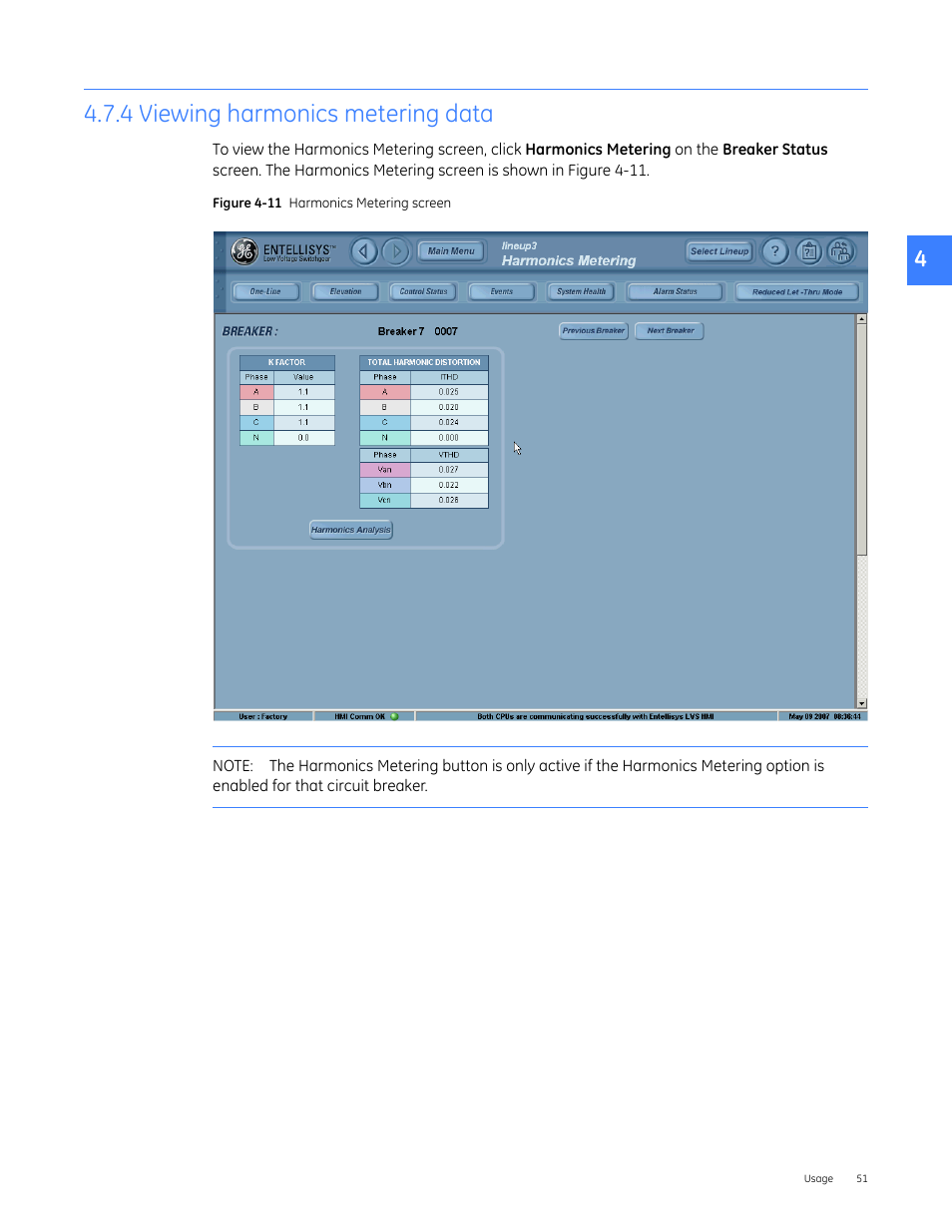 4 viewing harmonics metering data | GE Industrial Solutions Entellisys 4.0 System User Manual User Manual | Page 51 / 274