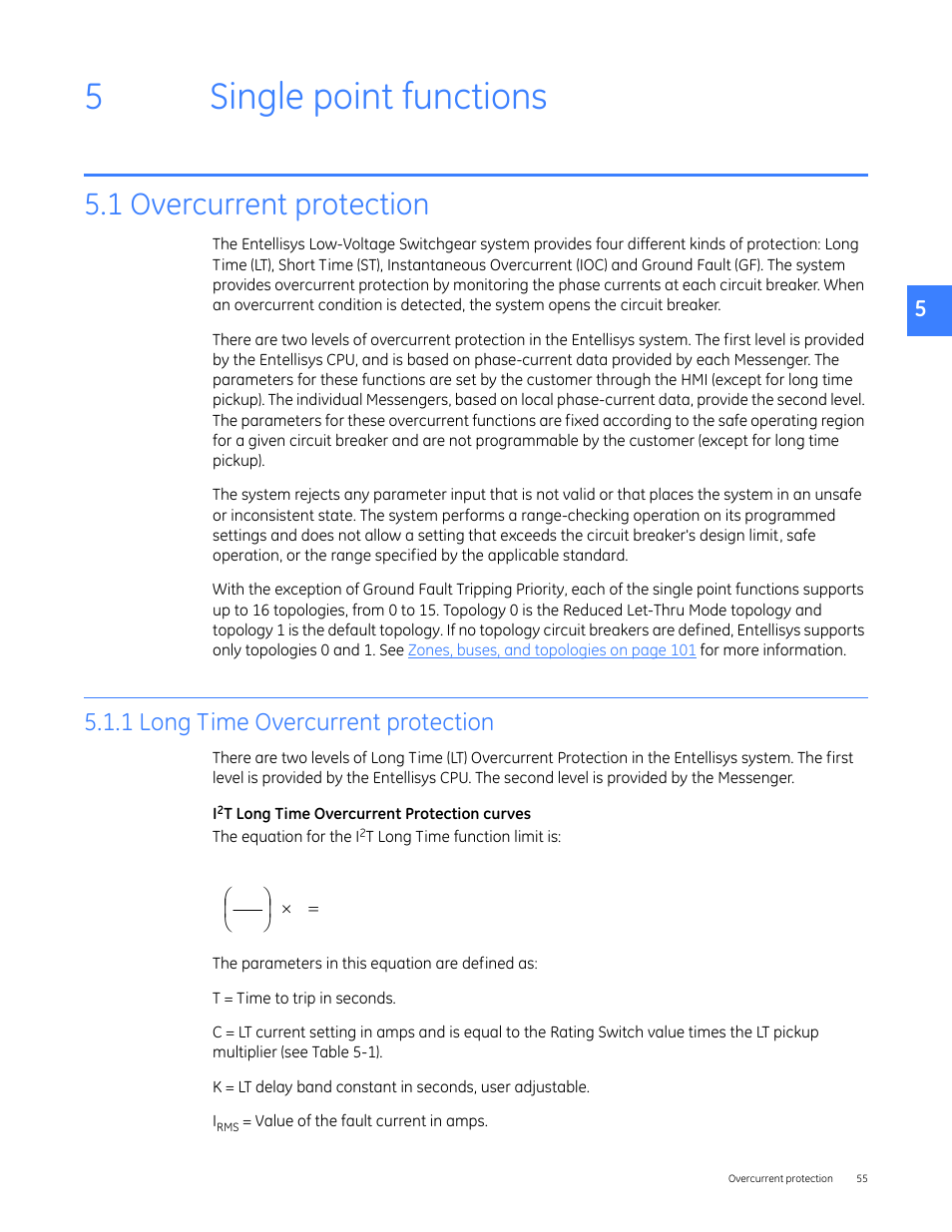 Single point functions, 1 overcurrent protection, 1 long time overcurrent protection | 5single point functions | GE Industrial Solutions Entellisys 4.0 System User Manual User Manual | Page 55 / 274
