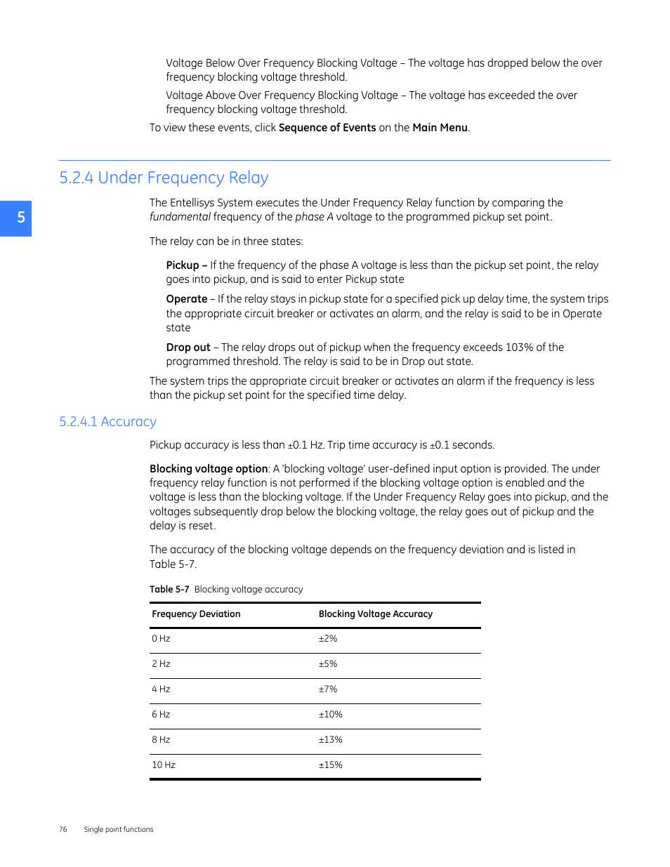 4 under frequency relay, 1 accuracy | GE Industrial Solutions Entellisys 4.0 System User Manual User Manual | Page 76 / 274